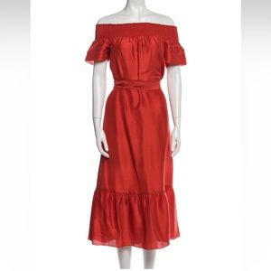 Tory Burch Red Coral Silk Off The Shoulder Midi Dress